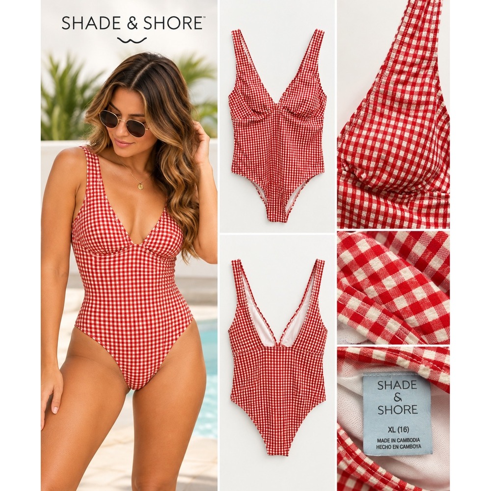 Shade & Shore Red White Gingham V-Neck One Piece Swimsuit XL 16